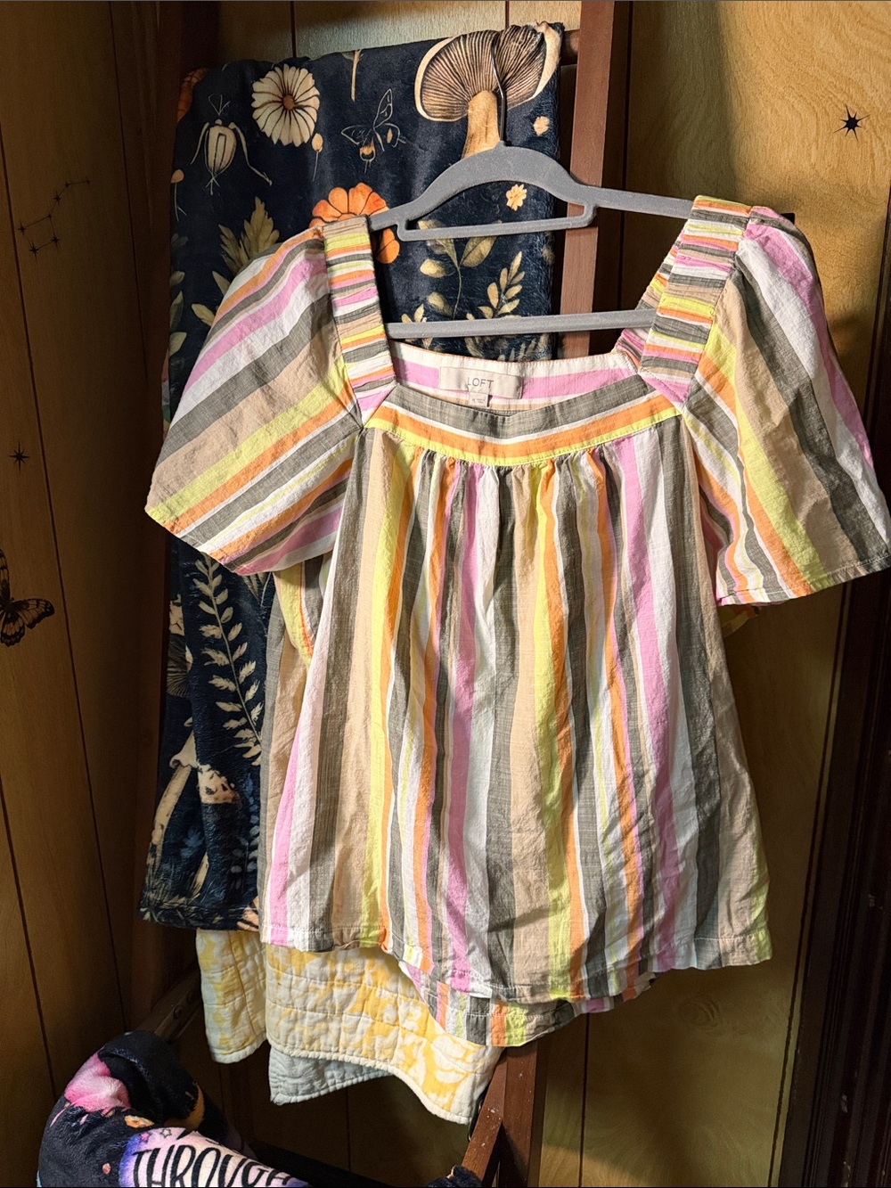 LOFT Pastel Striped Square-Neck Puff Sleeve Blouse M